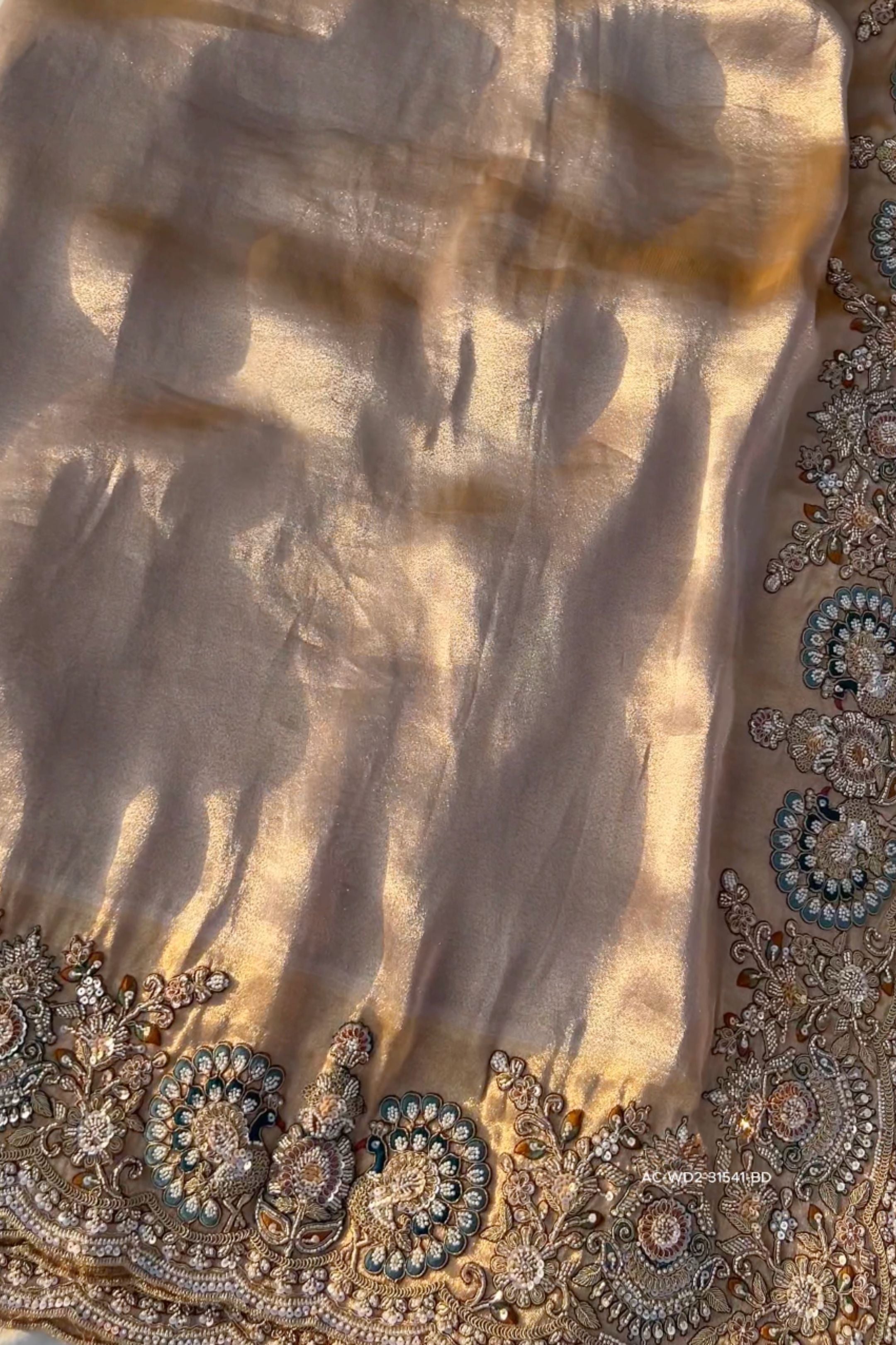 Golden Tissue Unstitched Saree Embellished With Sequins, Dori, Dabka & Cutdana Work